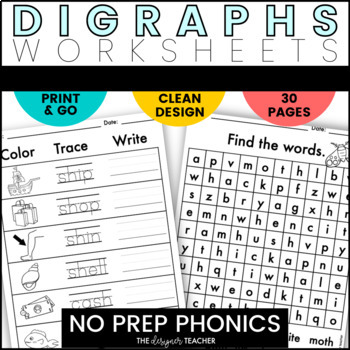 Preview of NO PREP Digraphs Worksheets Phonics Word Work BUNDLE CK CH SH TH WH Practice