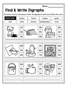 consonant digraphs worksheets sh ch th wh ph kn wr