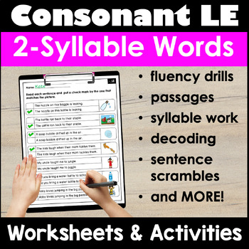 Preview of Consonant LE Syllable 2 syllable Words Worksheets Fluency | Orton Gillingham