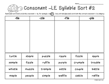 Consonant -LE Syllable Sort - 2 pages by 4 Little Baers | TpT