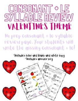Preview of Consonant + LE Word/Syllable Review- Valentines