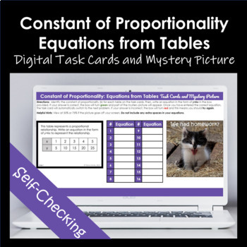 Preview of Constant of Proportionality: Equations from Tables Task Cards/ Mystery Picture