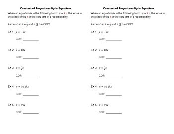 Constant of Proportionality - Equations / Graphs Notes & Practice Sheet