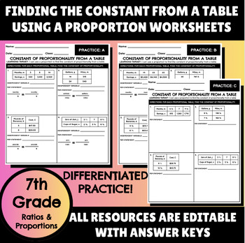 Preview of Constant of Proportionality from Table using Proportions Worksheets: 3 Levels