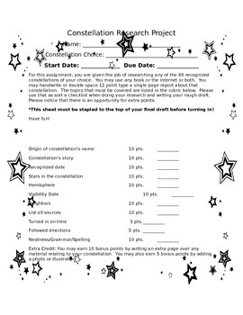 Preview of Constellation Report Project and Rubric Independent Work Printable Space Stars