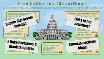 Preview of Constitution Day Choice Board Activities | Distance Learning, Google Classroom