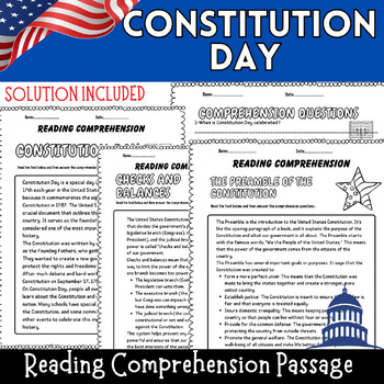 Preview of Constitution Day Comprehension Passages | Preamble | U.S. Constitution
