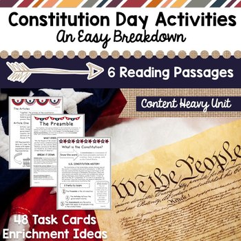 Preview of Constitution Day Activities and Reading Comprehension Task Cards Bill of Rights