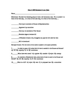 Preview of US Constitution: How A Bill Becomes A Law 10 point Quiz