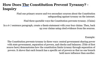 Preview of Constitution WICOR-Articles I & III, Checks and Balances, and Preventing Tyranny