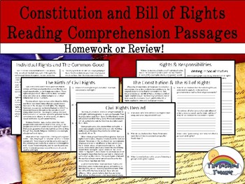 Preview of Constitution and Bill of Rights Reading Comprehension Packet (homework, review)