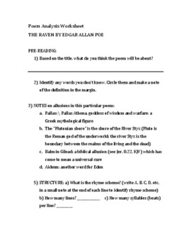 Preview of Poem Analysis Worksheet Edgar Allan Poe: The Raven