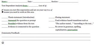Preview of Text Dependent Response (TDA) Feedback form