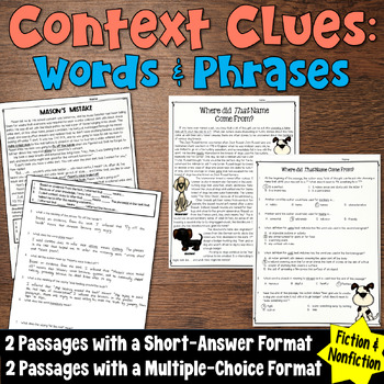 Preview of Context Clues Practice and Assess with 4 Worksheets: Words & Phrases in Passages