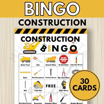 Construction Bingo Game for Kids - 30 Game Cards and 48 calling cards