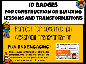 Preview of Construction ID Badges, Builders, Community Helpers, Classroom Transformation