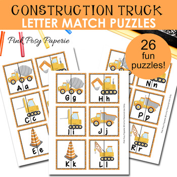 Preview of Construction Trucks Letter Match Puzzles- Letter Recognition - Alphabet Matching