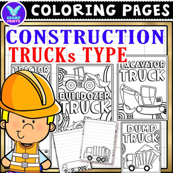 Preview of Construction Trucks Type Coloring Pages & Writing Paper ELA Activities No PREP