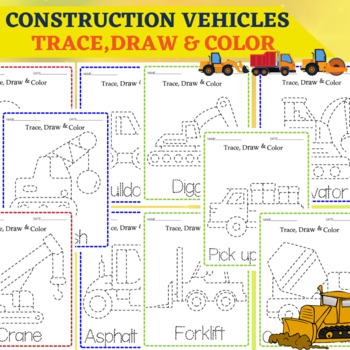 Preview of Construction Vehicles Tracing & Coloring | Pencil Control, Handwriting Practice.