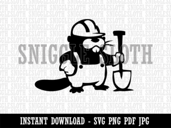 Preview of Construction Worker Builder Beaver with Shovel and Hard Hat B&W Clipart Digital