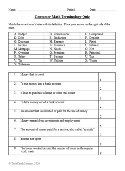 consumer math crossword vocab quiz by techcheck lessons