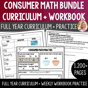 Preview of Consumer Math Curriculum + 4 Projects & Weekly Practice Workbook.Special Ed