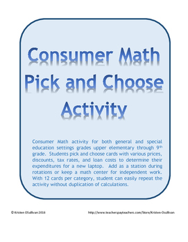 Preview of Consumer Math Pick and Choose Activity