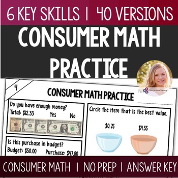 Preview of Consumer Math Skill Practice Worksheet. Budget Check Percents Cost Comparison