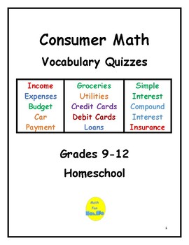 consumer math vocabulary quizzes by math fan teachers pay teachers