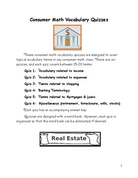 consumer math vocabulary quizzes by math fan teachers pay teachers