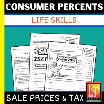 Preview of Consumer Percents: Discounts & Sales Tax Worksheets - Math Word Problems