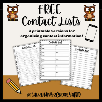 Preview of Contact Organization Printable Lists - FREEBIE
