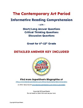 Preview of Contemporary Art Period: Reading Comprehension & Questions w/ Answer Key