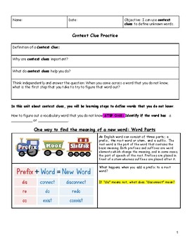 Preview of Context Clue Packet: using prefixes/suffixes, POS, Synonyms and Antonyms