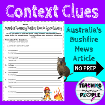 Preview of Context Clue Practice | Australia's Bushfire News Article | Reading Skills