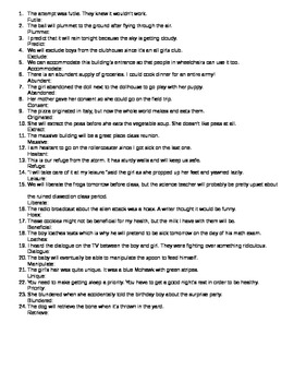 context clue practice worksheet with vocabulary words ranging from 6th 8th grade