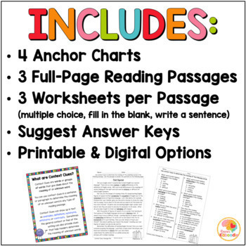 Context Clues Passages Worksheets & Anchor Charts- 3rd-5th grade