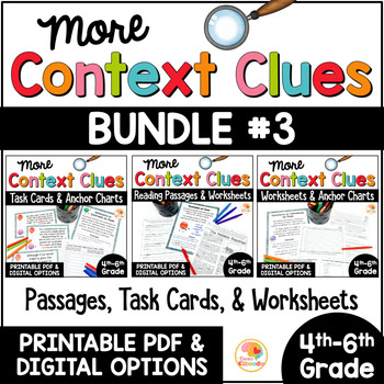 Preview of Context Clues Worksheets Activities: Reading Passages, Task Cards, Anchor Charts