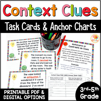 Preview of Context Clues Activities: Anchor Charts and Task Cards Vocabulary Development