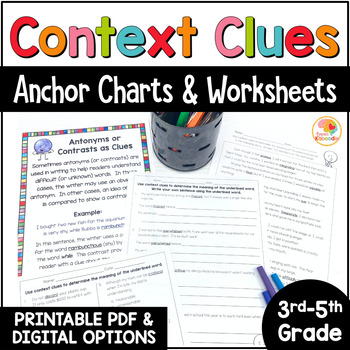 Preview of Context Clues Activities: Reading Passages, Anchor Charts, & Worksheets
