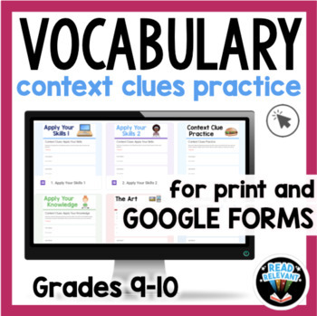 Preview of Context Clues Passages Vocabulary Worksheets Digital for grades 9-10