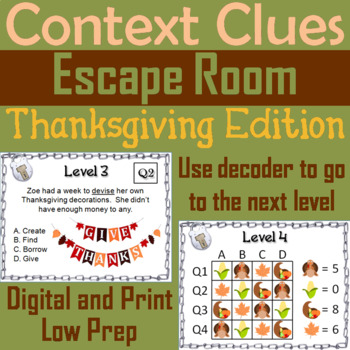 Preview of Context Clues Activity: Thanksgiving Escape Room (Making Inferences Game)