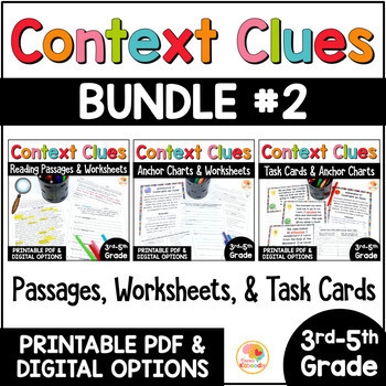 Preview of Context Clues Passages, Task Cards, Anchor Charts, Worksheets Reading Activities
