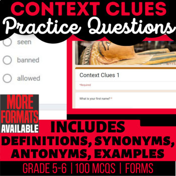 Preview of Context Clues ELA Homework | Definitions Synonyms Antonyms | Google Forms