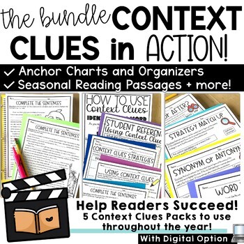 Preview of Context Clues Passages Cloze Reading Worksheets Posters Vocabulary 3rd 4th Grade
