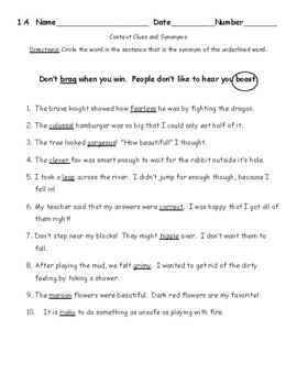 Worksheet, Meaning in Context: Synonyms, A writer often uses a synonym as  context clues to help his rea…