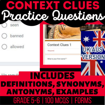 Preview of Context Clues Self Grading Forms Definitions, Synonyms, Antonyms UK/AUS English