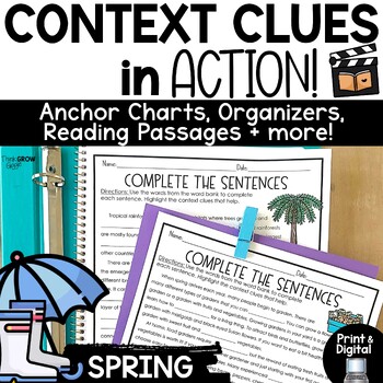 Preview of Context Clues Worksheets Activities Anchor Chart Passages Spring 3rd 4th Grade