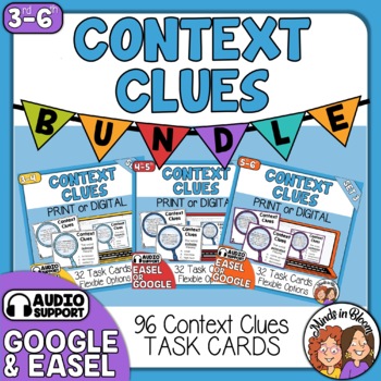 Preview of Context Clues Task Card Bundle: 96 cards for Print or Easel Activity with Audio