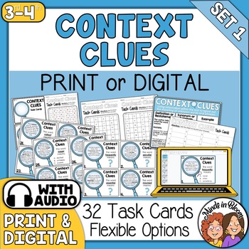 Preview of Context Clues Task Cards and Anchor Chart Print and Digital with Audio Support